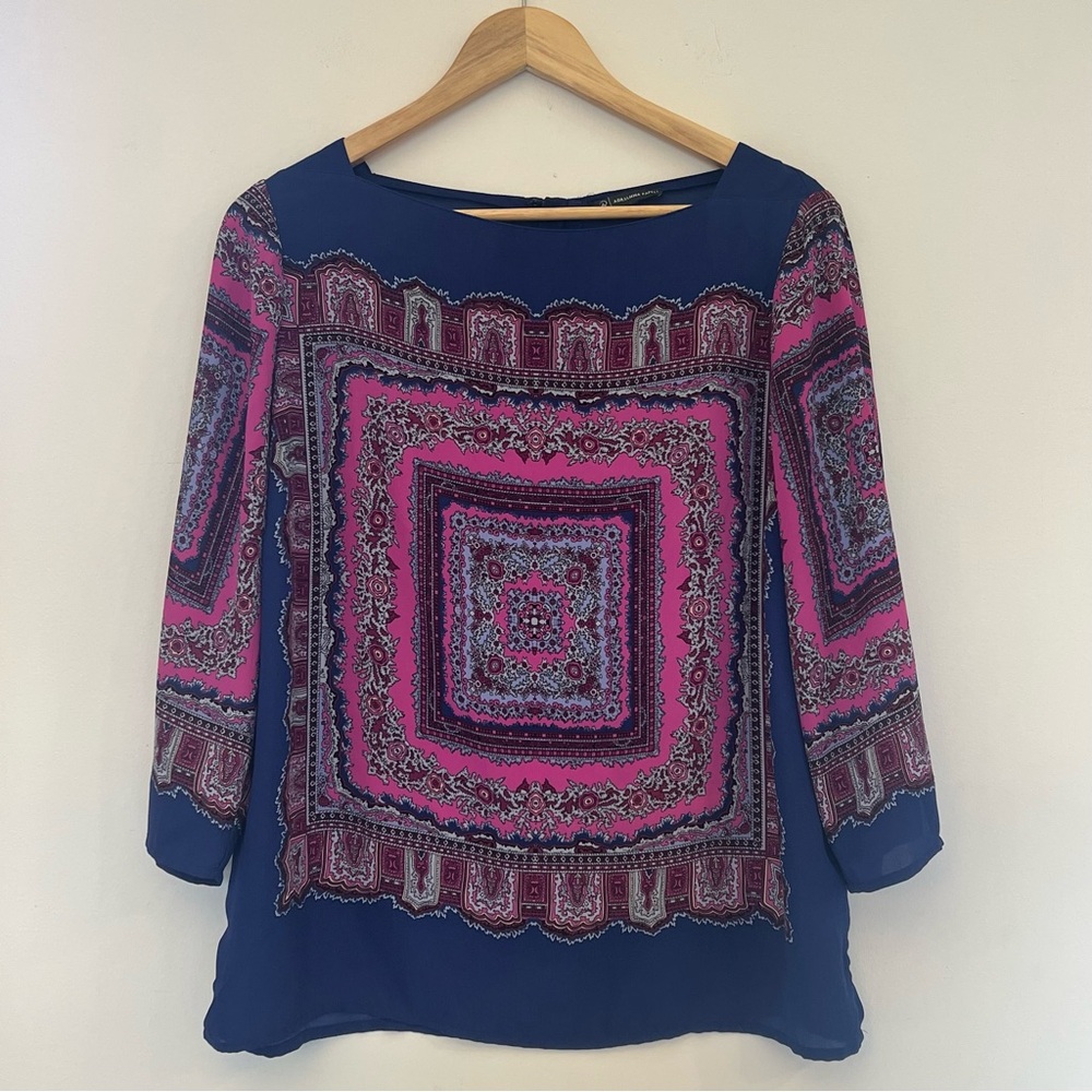 ✅ Adrianna Papell medium Blue Pink Graphic semi sheer Blouse Top Square Neck 3/4